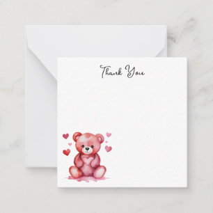 Cartão De Notas Urso Cute Watercolor, Coração Rosa Obrigado