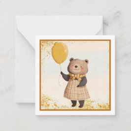 Cartão De Notas Urso em Xadrez Amarelo Vestido com Balão Amarelo