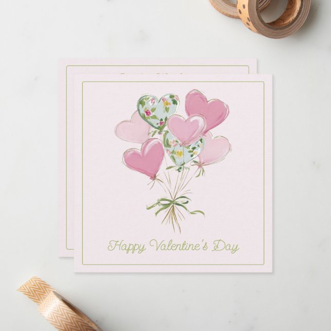 Cartão De Notas Valentine's Heart Pink and Green Heart Balloons (Frente/Verso In Situ)