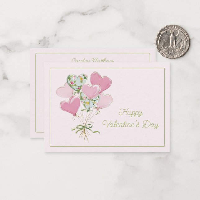 Cartão De Notas Valentine's Heart Pink and Green Heart Balloons (Frente/Verso In Situ)