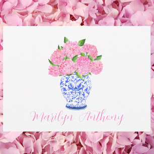 Cartão De Notas Vaso de Chinoiserie de Hidrangea Rosa em Aquarela