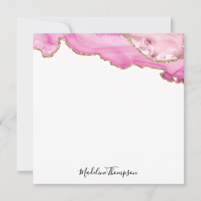 Cartão De Notas Velvet Pink Magenta Gold Agate Geode Script Square (Frente)