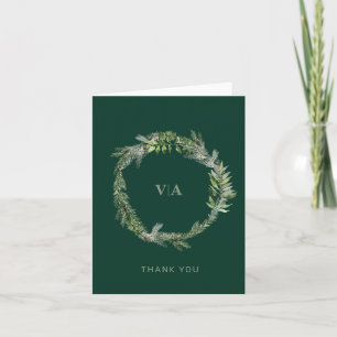 Cartão De Notas Verde Pine de inverno com Monograma de Casamento