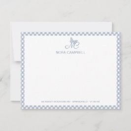 Cartão De Notas Verificações de Gingham Azul Dusty Monograma Elega