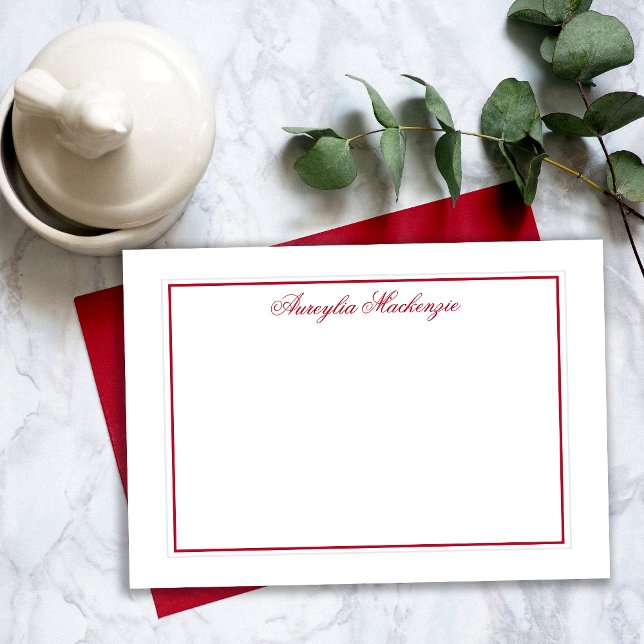Cartão De Notas Vermelho Elegante e Branco Personalizado (Elegant Red and White Personalized Note Card)