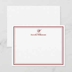Cartão De Notas Vermelho Escuro Elegante Monograma com Borda Dupla