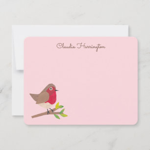 Cartão De Notas Vermelho Retro Robin Mão-Ilustrado Rosa Pastel