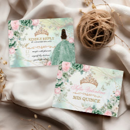 Cartão De Notas Vestido Verde Salvia Rosa Brilhante Quinceanera 15