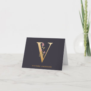 Cartão De Notas Vic Monograma Floral V Dourado Elegante Personaliz