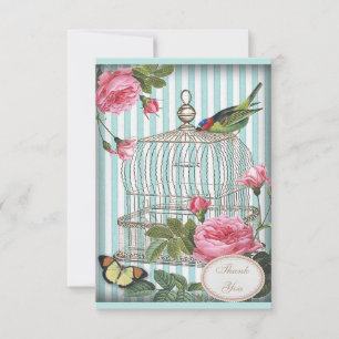 Cartão De Notas Vintage Bird, Cage, Borboleta e Rosas Obrigado
