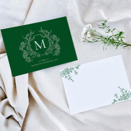 Cartão De Notas Vintage Emerald Green Floral Crest Monograma