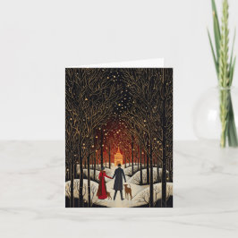 Cartão De Notas Vintage Gouache Winter Casal and Church Vazio