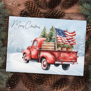 Cartão De Notas Vintage Red Christmas Truck USA Flag Patriotic