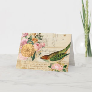 Cartão De Notas Vintage songbird e rosa em pincel e ouro