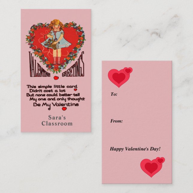 Cartão De Notas Vintage Valentines Coroa de Coração Menina Escola  (Frente/Verso)