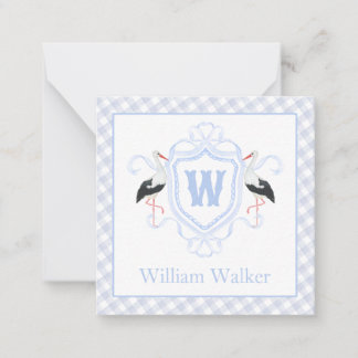 Cartão De Notas Watercolor Blue Stork Gingham Monogram Crest