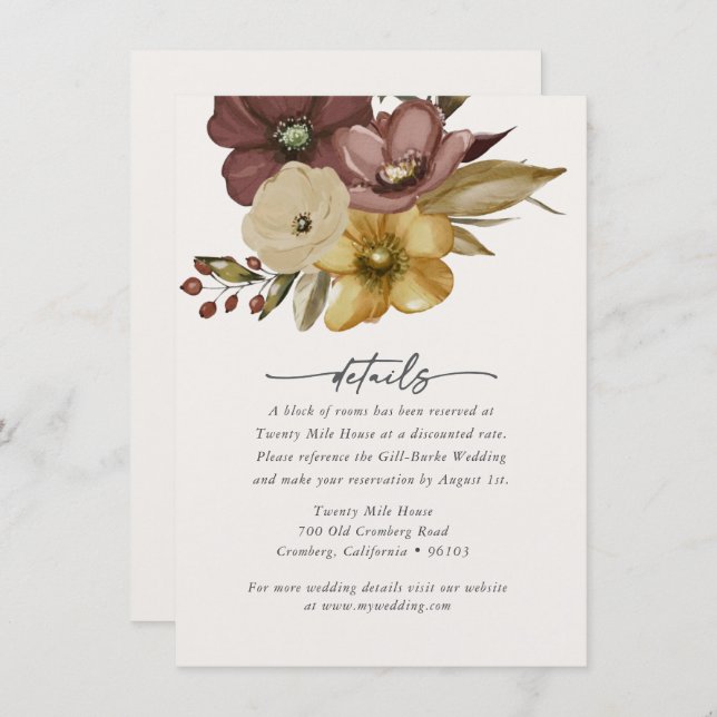 Cartão De Notas Watercolor Boho Neutral Wedding Details Card (Frente/Verso)