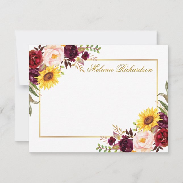 Cartão De Notas Watercolor Floral Burgundy Dourado Personalizado (Frente)