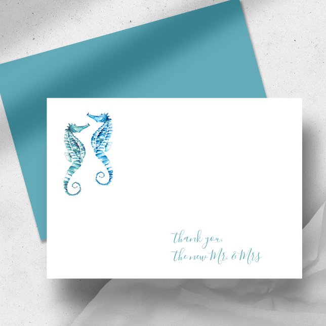 Cartão De Notas Watercolor Seacavalo Obrigado Stationery (Beach wedding thank you cards watercolor seahorse art by Victoria Grigaliunas of Do Tell A Belle)