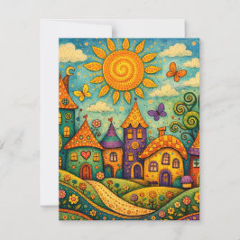 Cartão De Notas Whimsical Fairy Tale Village Colorful Canvas Art