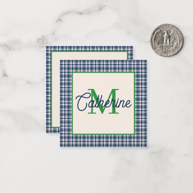 Cartão De Notas Xadrez Gingham Azul e Verde com Monograma (Frente/Verso In Situ)