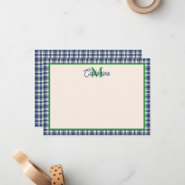 Cartão De Notas Xadrez Gingham Azul e Verde com Monograma