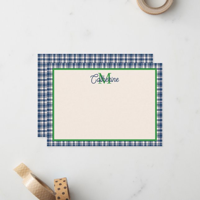 Cartão De Notas Xadrez Gingham Azul e Verde com Monograma (Frente/Verso In Situ)