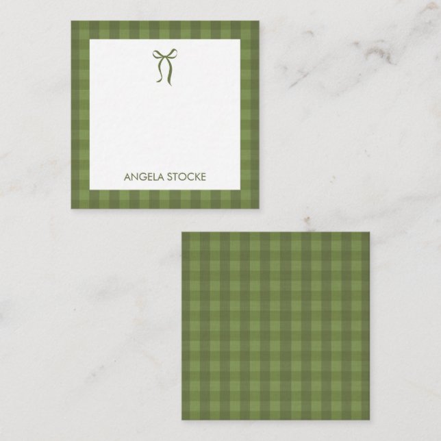 Cartão De Notas Xadrez Gingham Verde Personalizado com Laço (Frente/Verso)