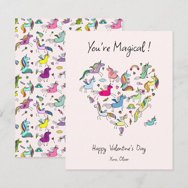 Cartão De Notas You're Magical, Cute Unicorn Kids Valentine's Day  (Frente/Verso)