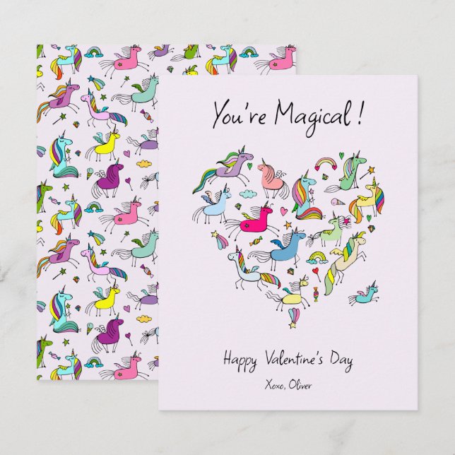 Cartão De Notas You're Magical, Cute Unicorn Kids Valentine's Day  (Frente/Verso)