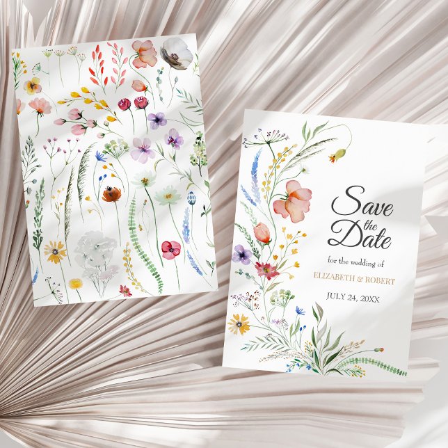 Cartão de Notificação de Data de Casamento de Prad (Bohemian Watercolor Wildflowers Save The Date Card on a sunny neutral dry palm leaf.)