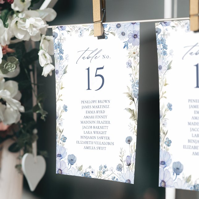 Cartão de Número da Mesa com Borda de Flor Silvest (Blue Wildflower Border Table Number Seating Chart)