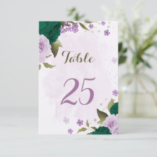 cartão de número da mesa de flores roxas esmeralda