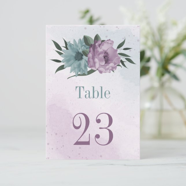 cartão de número de mesa com flores azul roxo botâ (Em pé/Frente)