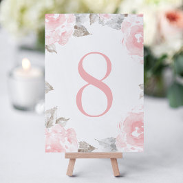 Cartão de Número de Mesa com Rosa em Aquarela Rosa
