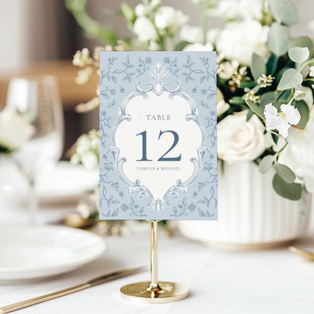Cartão de Número de Mesa de Casamento Azul Elegant (Blue Toile Wedding Table Numbers)