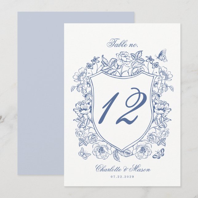 Cartão de Número de Mesa de Casamento com Brasão V (Frente/Verso)