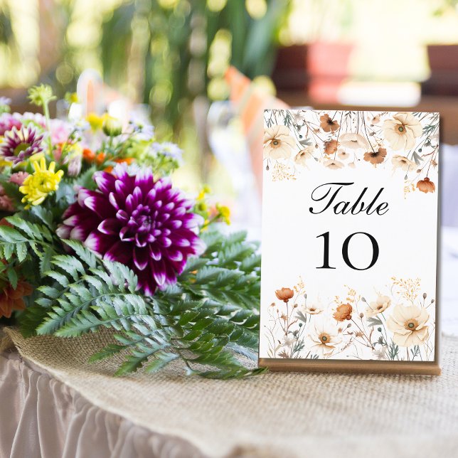 Cartão de Número de Mesa de Casamento com Flores S (Boho Wildflowers Yellow Beige Terracotta Burnt Orange Wedding Table Number Cards)