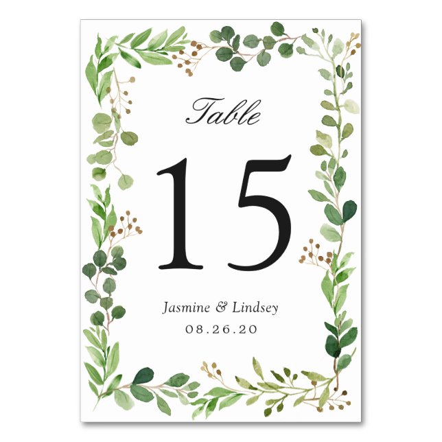 Cartão de Número de Mesa de Casamento com Folhagem (Frente)