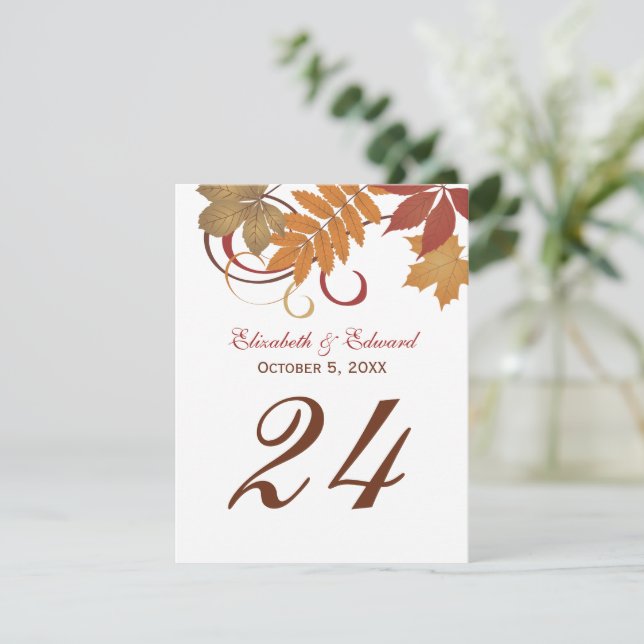 Cartão de Número de Mesa de Casamento com Folhas d (Em pé/Frente)