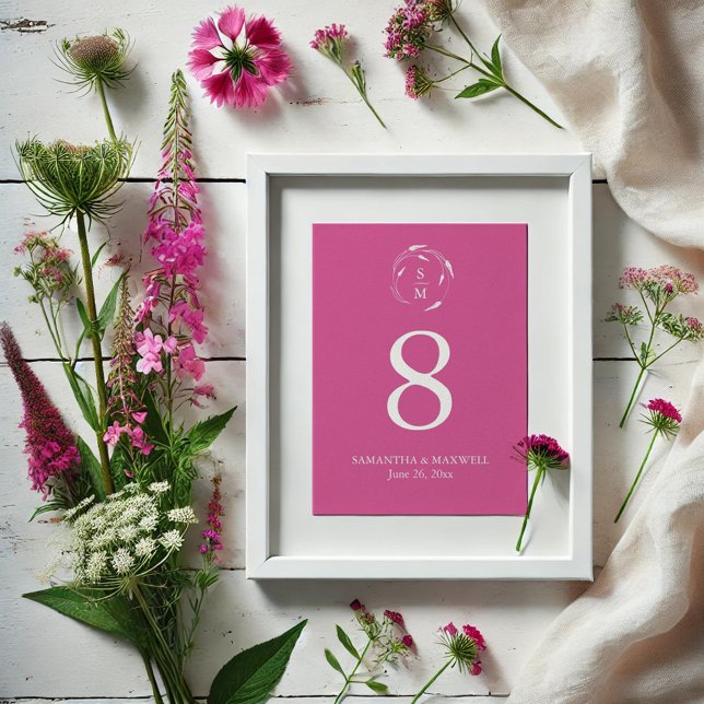 Cartão de Número de Mesa de Casamento com Monogram (Vibrant pink table number card with wildflower line art by Victoria Grigaliunas)