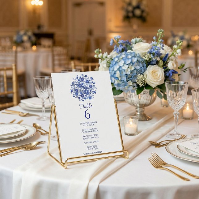 Cartão de Número de Mesa de Casamento com Nome dos (Blue Floral Wedding Table Number Card Guest Names.)