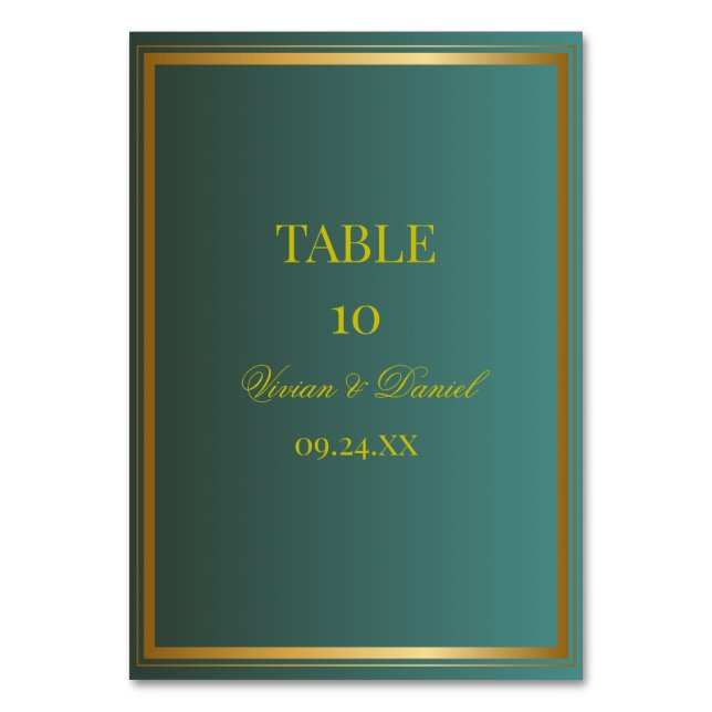 Cartão de Número de Mesa de Casamento Esmeralda Ve (Frente)
