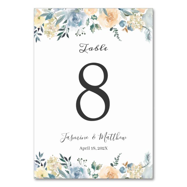 Cartão de Número de Mesa de Casamento Floral Azul  (Frente)