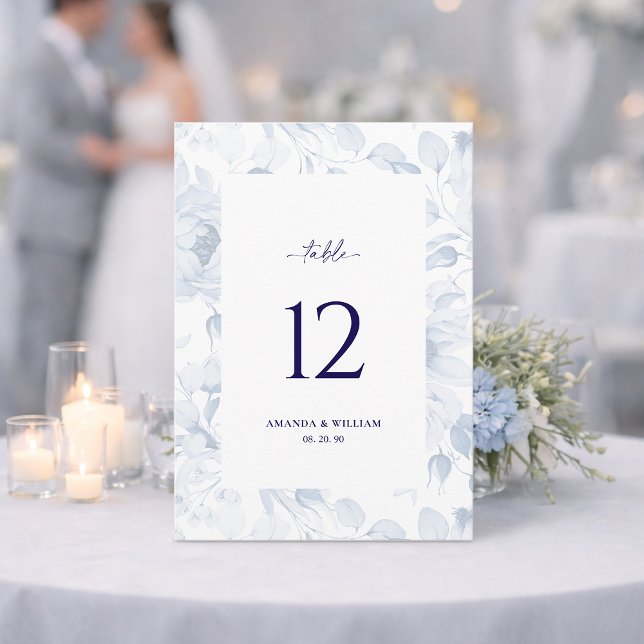 Cartão de Número de Mesa de Casamento Floral Azul  (Criador carregado)