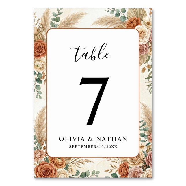 Cartão de Número de Mesa de Casamento Floral Boho  (Frente)