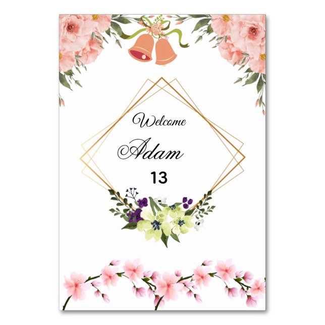 Cartão de Número de Mesa de Casamento Floral Rosa  (Frente)