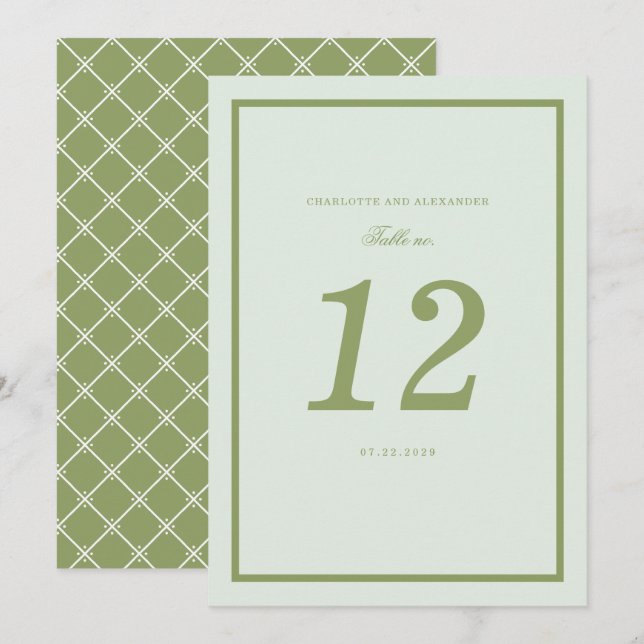 Cartão de Número de Mesa de Casamento Moss Green E (Frente/Verso)