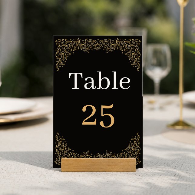 Cartão de Número de Mesa de Casamento Preto e Dour (Criador carregado)