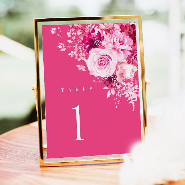 Cartão de Número de Mesa de Casamento Rosa Quente  (Hot Pink Floral Wedding Table Numbers, Fuchsia Rose Reception Table Number Sign in Gold Frame Decor)